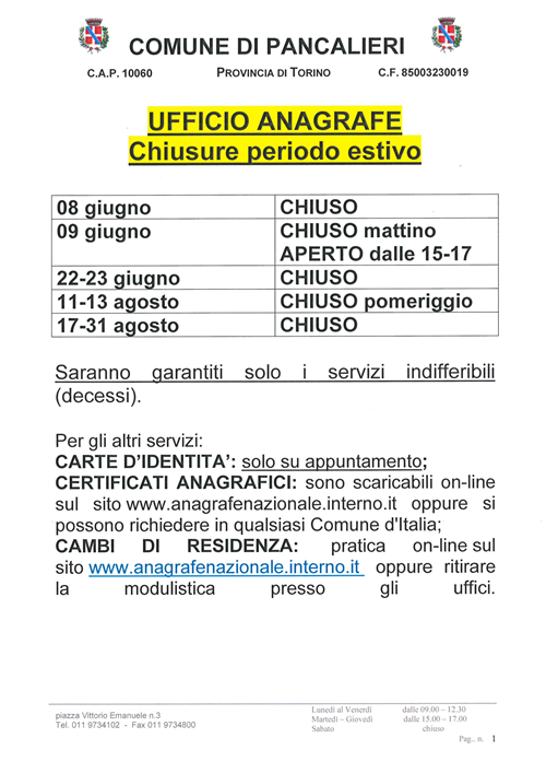 Chiusure estive Ufficio Anagrafe